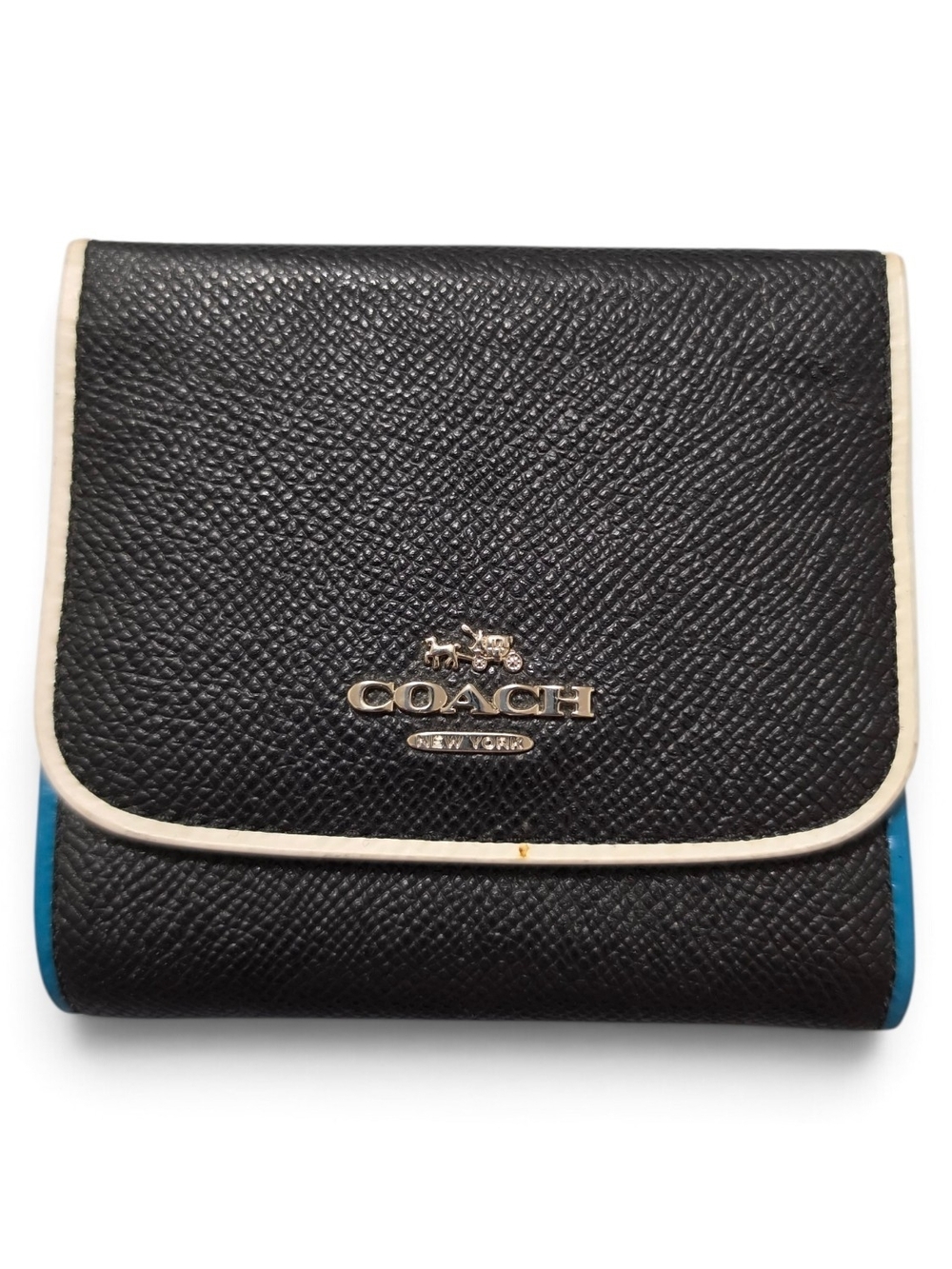 Coach Black Pebbled Wallet with White Trim and Blue Sides